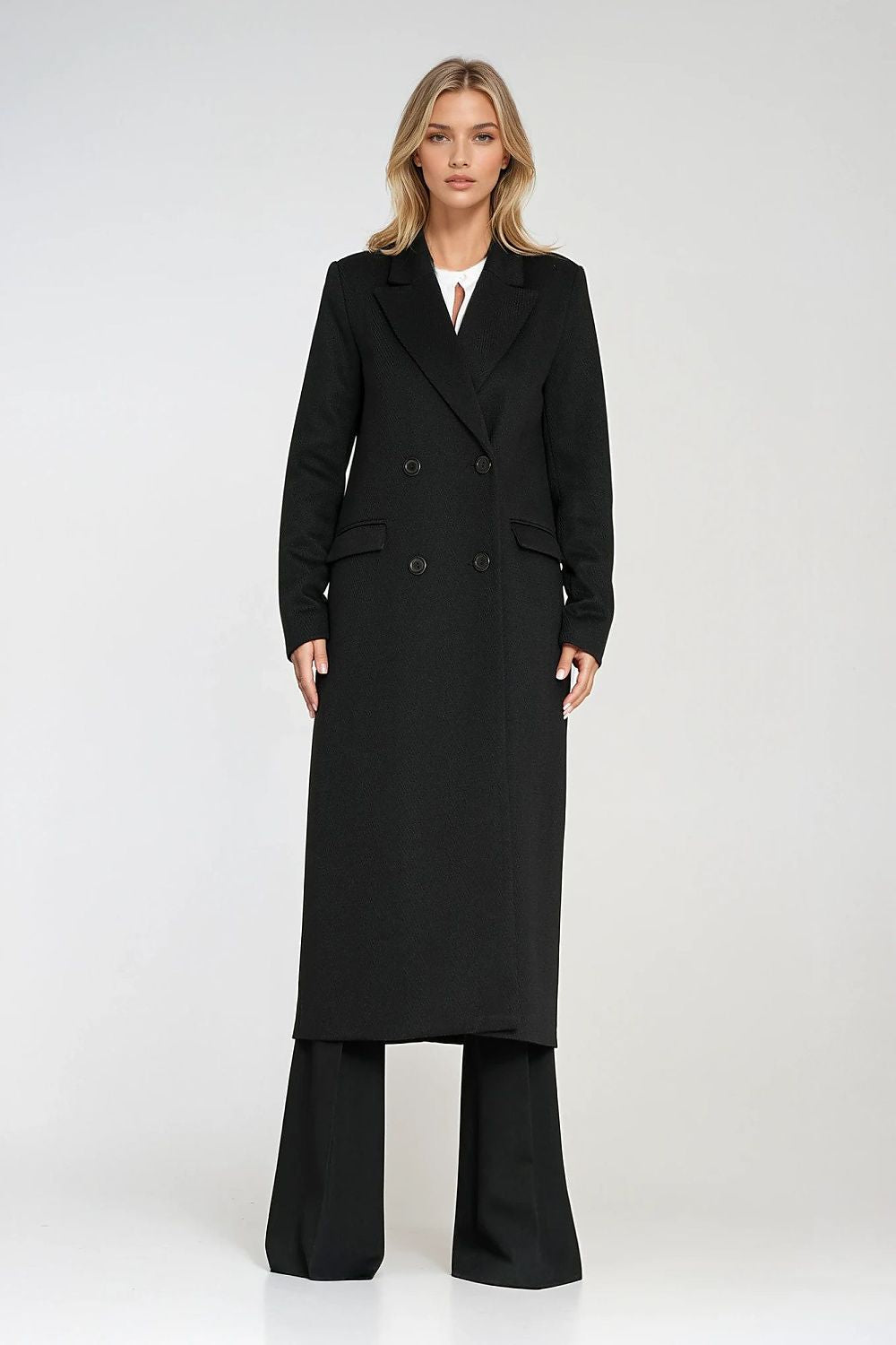   Elegancki płaszcz dwurzędowy PL25 Black - Nife 