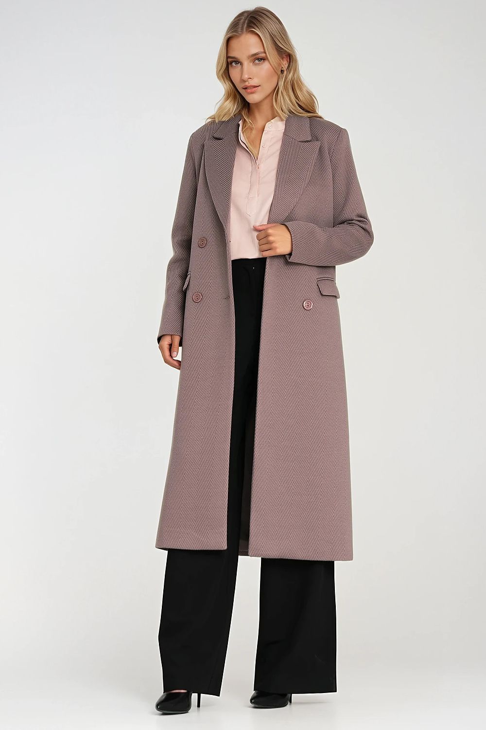   Elegancki płaszcz dwurzędowy PL25 Beige - Nife 