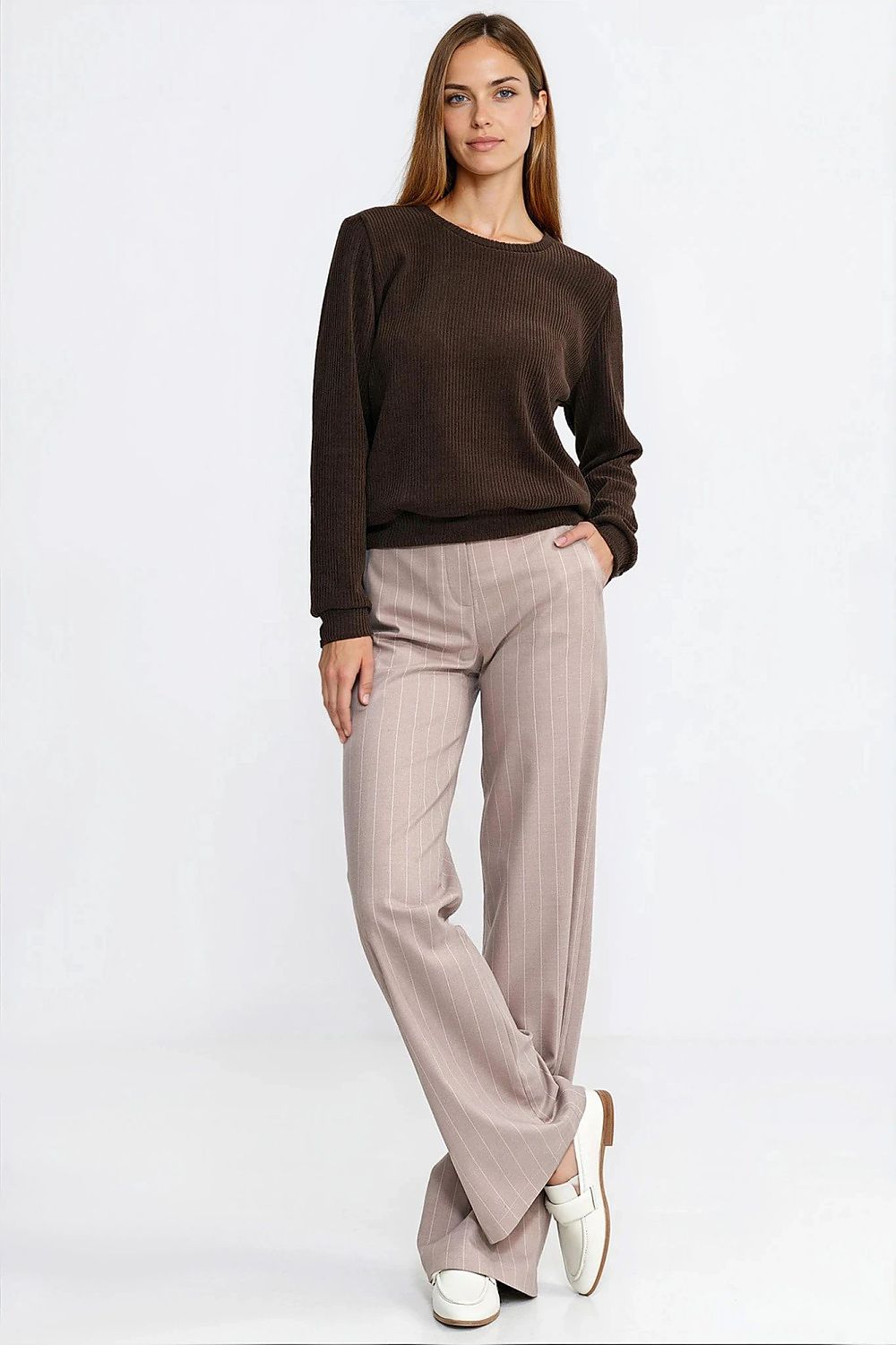   Bluza z dzianiny prążkowanej z długim rękawem BL13 Brown - Nife 