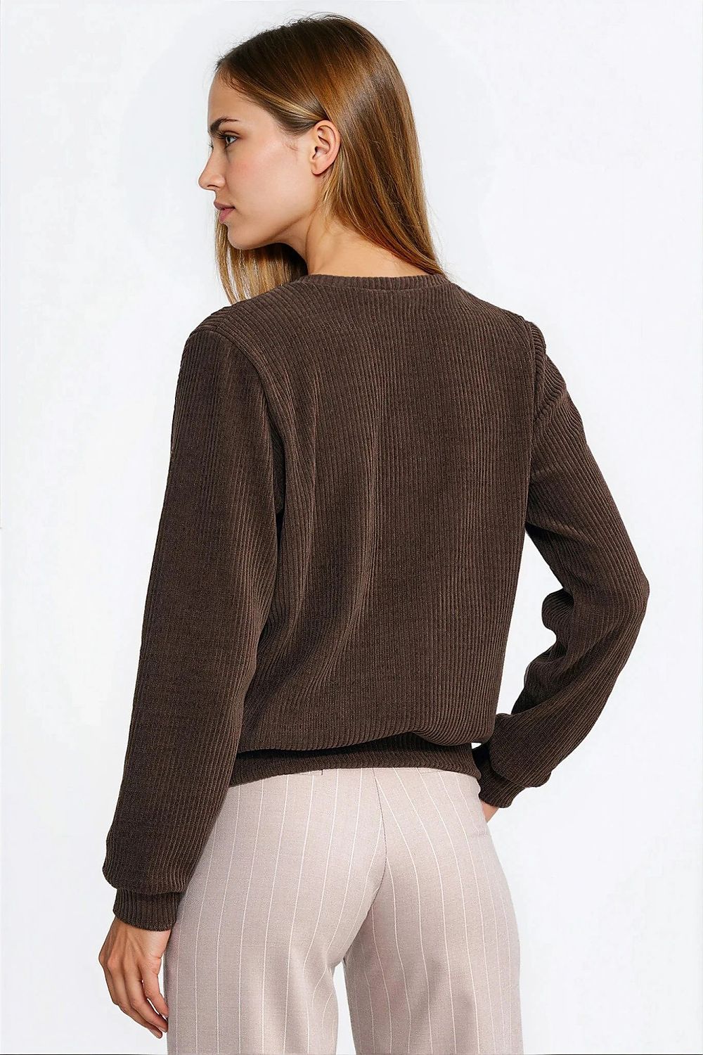   Bluza z dzianiny prążkowanej z długim rękawem BL13 Brown - Nife 