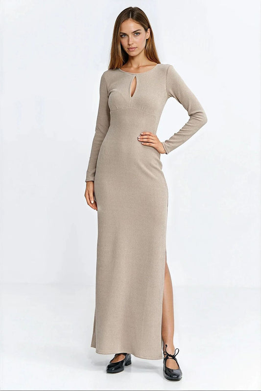  Sukienka maxi z łezką na dekolcie S283 Beige - Nife 