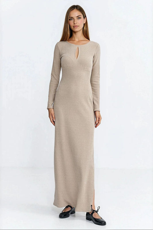  Sukienka maxi z łezką na dekolcie S283 Beige - Nife 