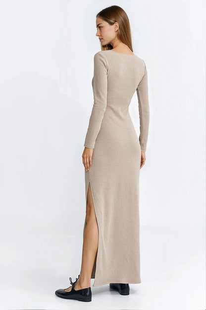  Sukienka maxi z łezką na dekolcie S283 Beige - Nife 