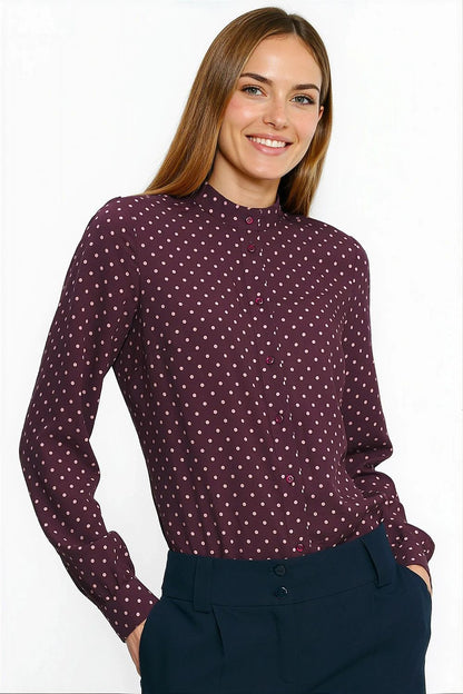   Bordowa bluzka na stójce w groszki B208 Bordo - Nife 