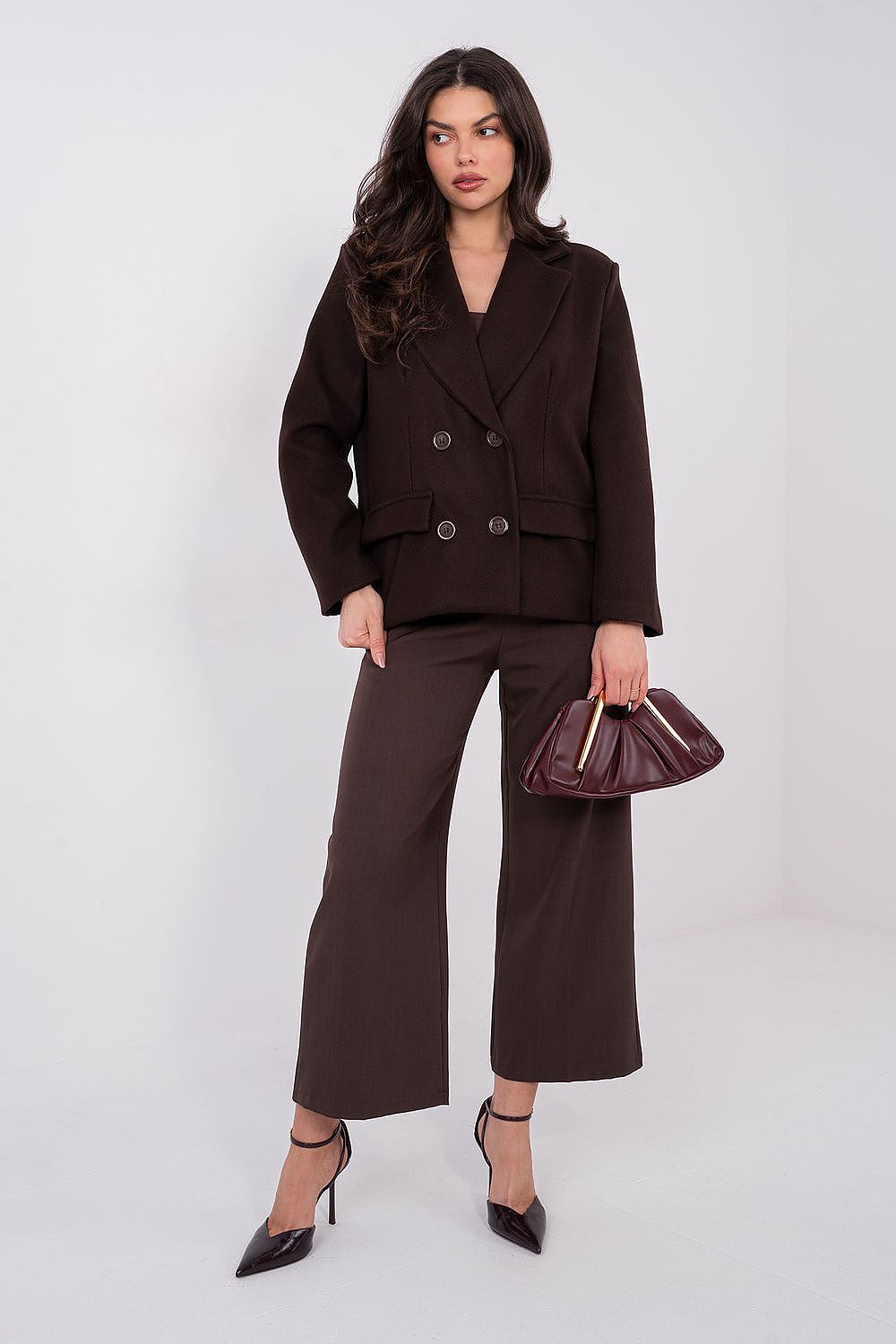   Płaszcz Damski Model IT-KR-FL9559.02P Dark Brown - Rue Paris 