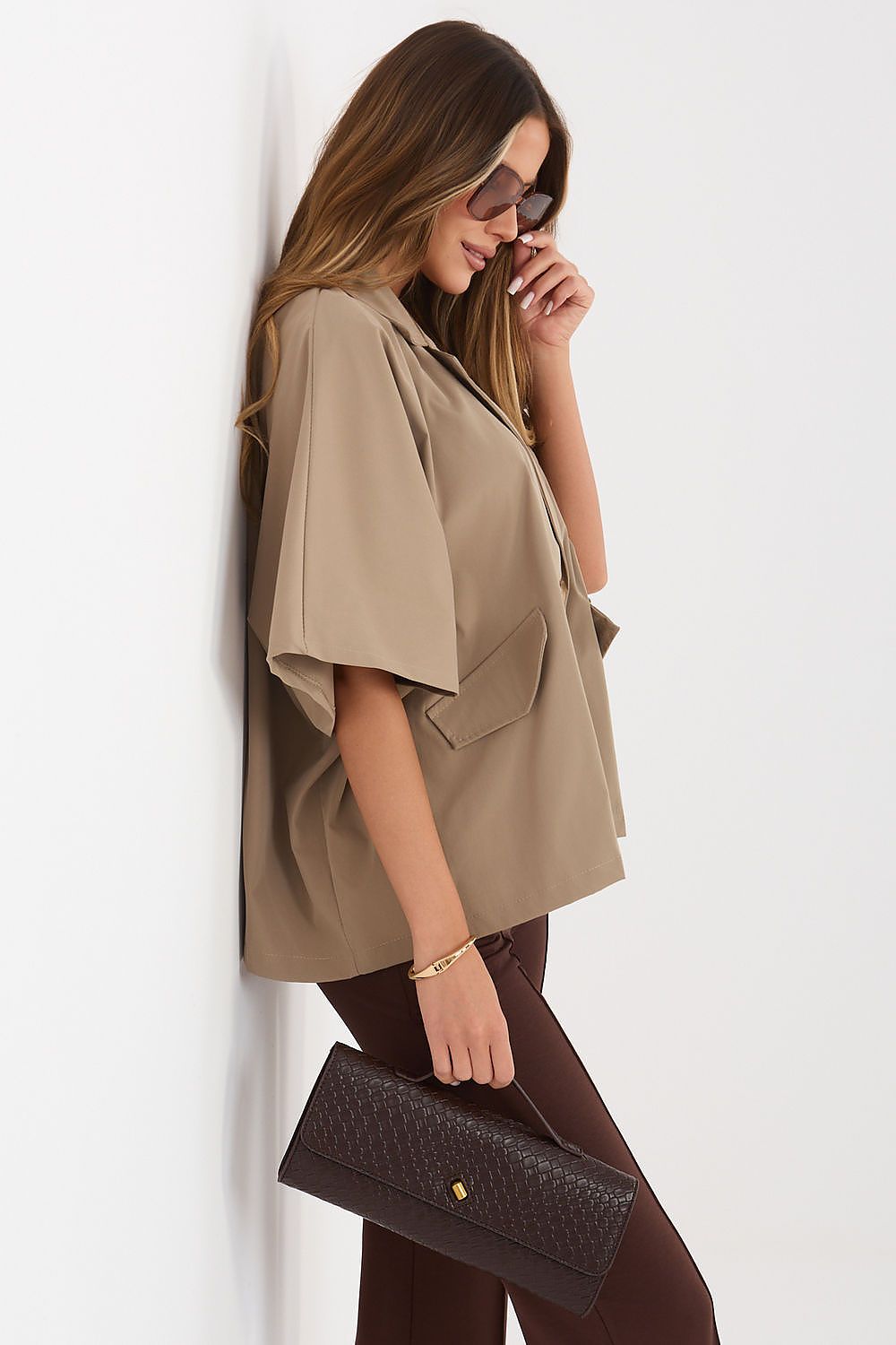   Płaszcz Damski Model IT-KR-FL10153KSM.91 Dark Beige - Rue Paris 