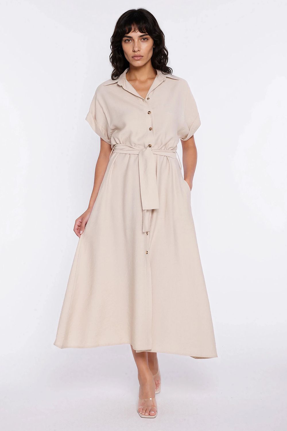  Sukienka Koszulowa sukienka S294 Beige - Nife 
