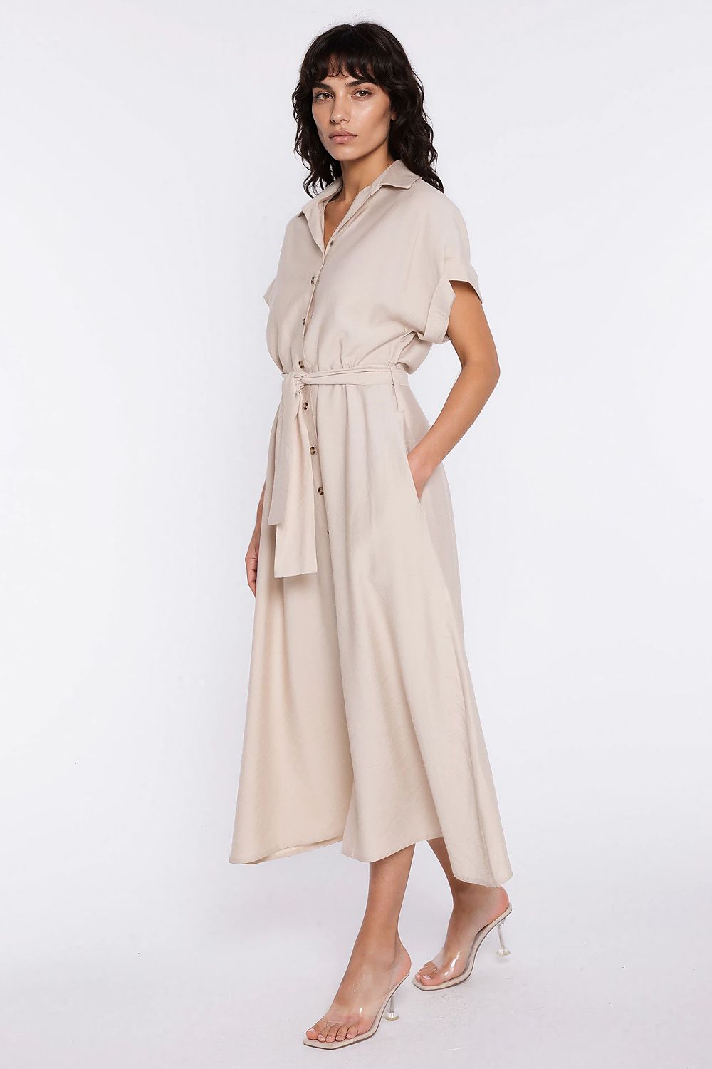  Sukienka Koszulowa sukienka S294 Beige - Nife 