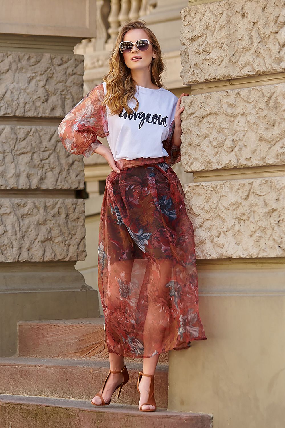  Spódnica Model L19 Bordo Flowers - Makadamia 