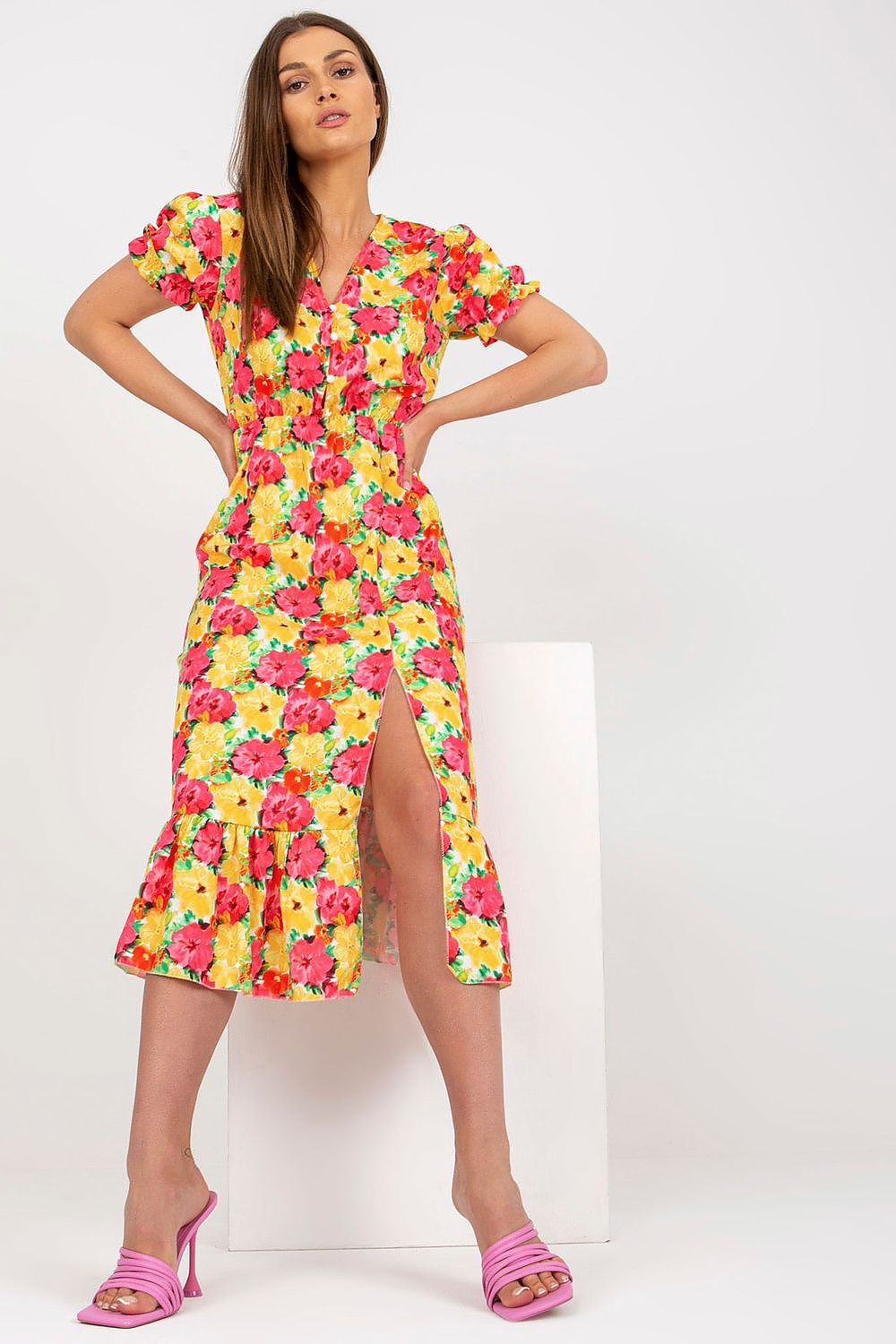  Sukienka Model DHJ-SK-7006-3.39 Yellow - Italy Moda 