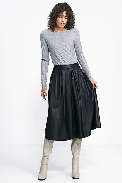  Spódnica Czarna spódnica midi z ecoskóry SP71 Black - Nife 