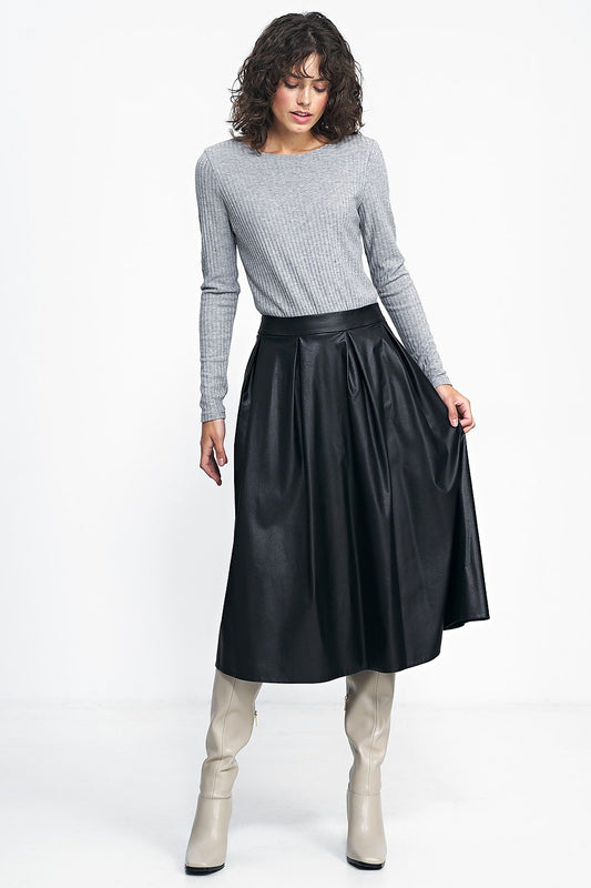  Spódnica Czarna spódnica midi z ecoskóry SP71 Black - Nife 